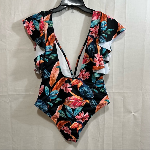 Women’s Deep V-Neck Floral & Toucan One-Piece Swimsuit Size Medium - Picture 3 of 7